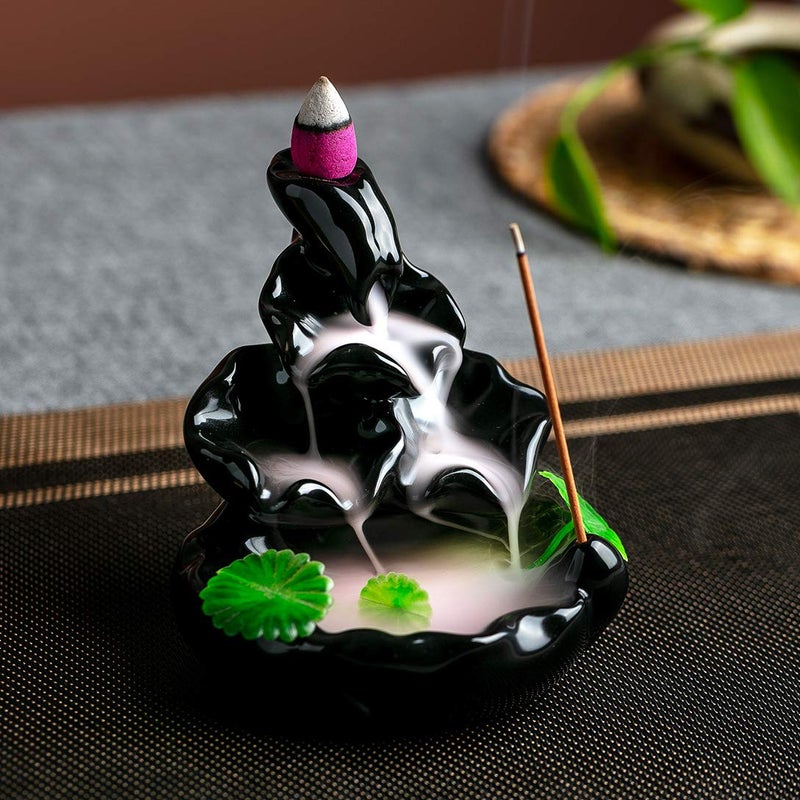 VVMONE Cute Ceramic Backflow Incense Holder Waterfall Incense Burner with 48 Incense Cones and 30 Incense Stick, Incense Fountain for Home Decor, Desk Decor(Black) - Image 5
